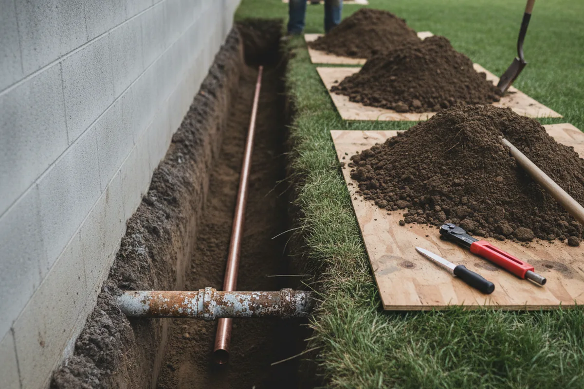 Excavated water line trench during Sewer Line Repair in Greenwood